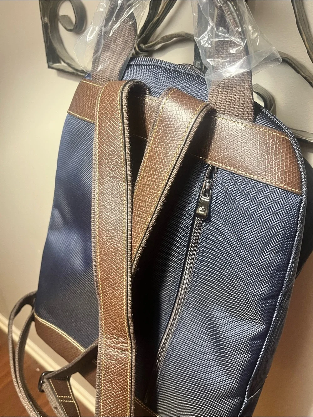 Longchamp Men's Navy Blue Backpack with Brown Trim